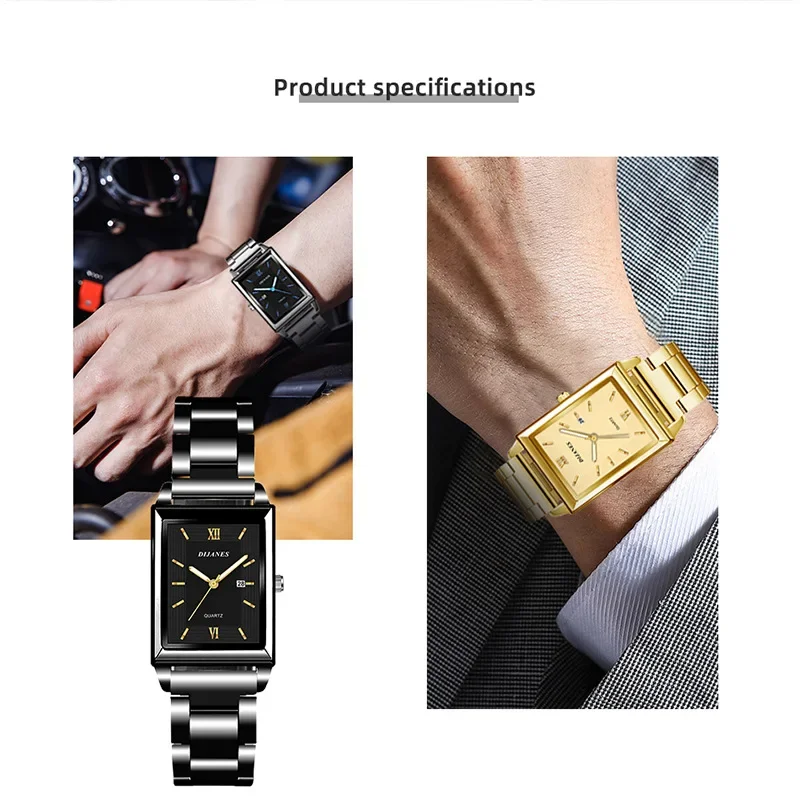 Gold Color Date Square Quartz Watch with Box for Women Men New Luxury Couple Watches Stainless Steel Casual Fashion Wristwatch