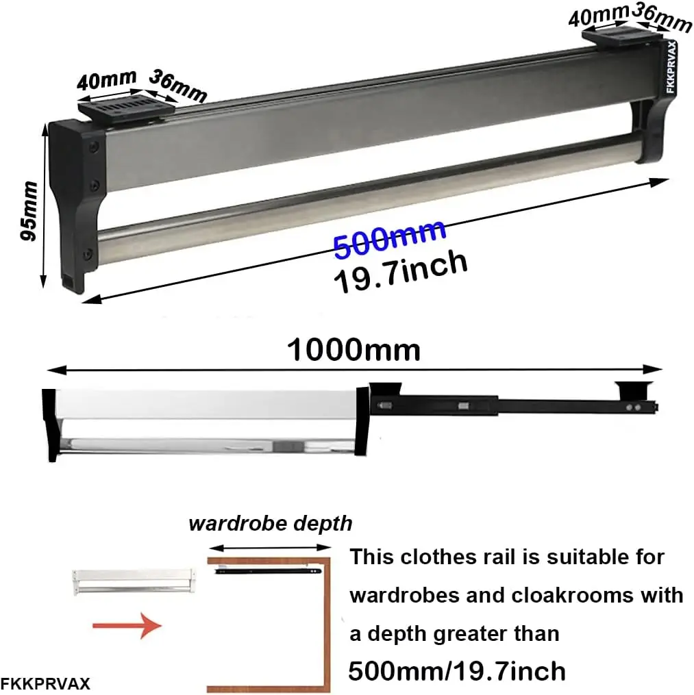 Closet Clothes Hanger Rail,Pull-Out Closet Rod 30-60cm,Closet Organizer Rack for Pants and Coat (500MM/19.7INCH)