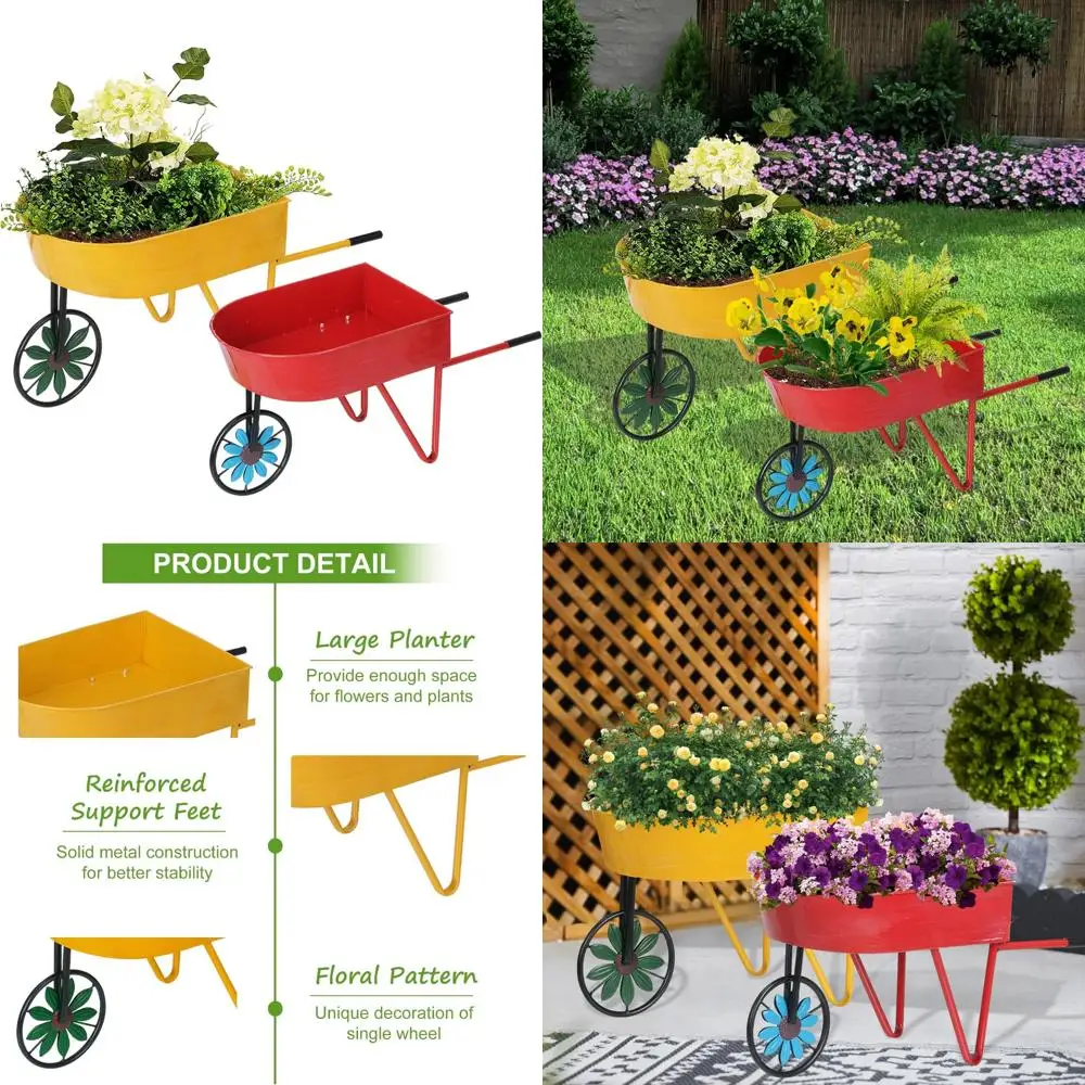 

Vintage Metal Wheelbarrow Flower Cart with Plant Stands and Triangular Handles, Non-Rolling, 2-Pack