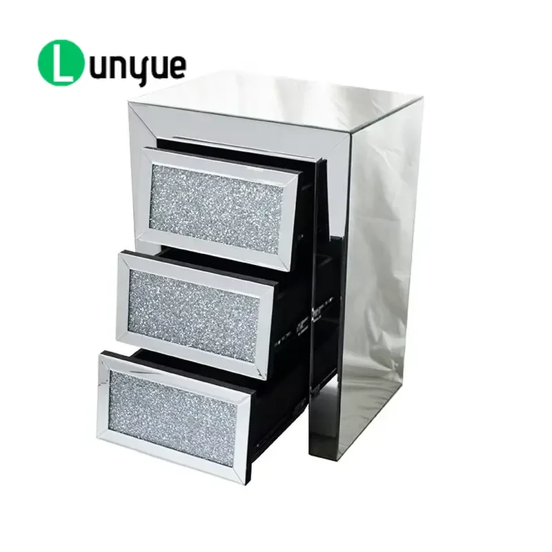 Light Luxury Diamond Crush Bedside Table Silver Mirror Side Cabinet Night Stand Bedroom Furniture Custom High Quality