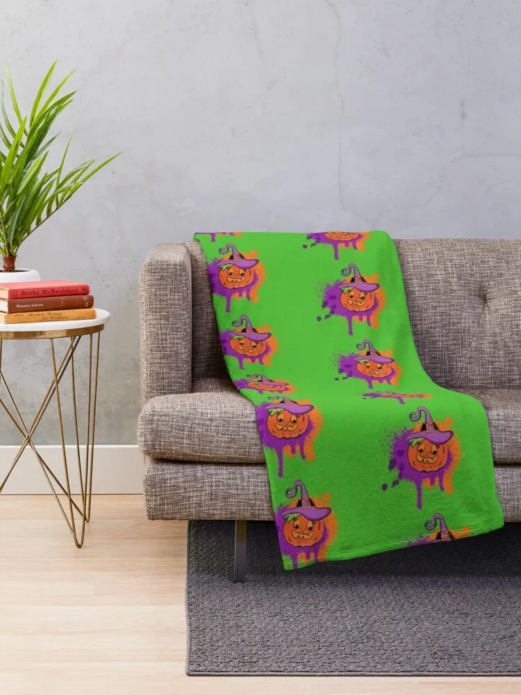 Pumpkin Witch Samantha on Green Throw Blanket Thin Decorative Beds Flannel Fabric Soft Beds Blankets