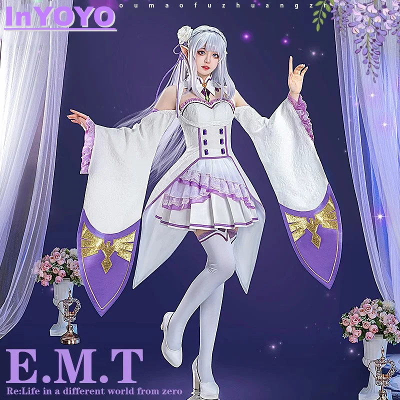 InYOYO Emilia Cosplay Costume Amine Re:Life In A Different World From Zero Collection Edition Dress Halloween Party Outfit Women