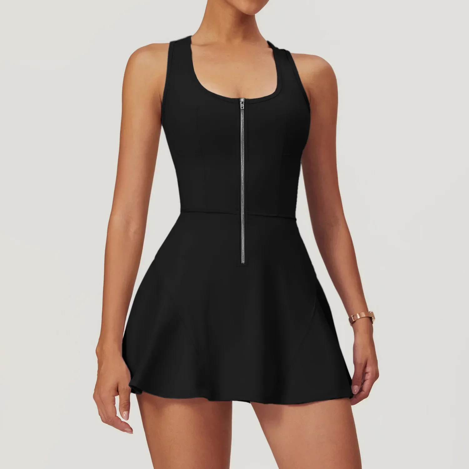 Sem mangas com zíper vestidos de tênis feminino push-up treino yoga vestido sexy sólido bodysuit macacão saia ginásio dança roupas de fitness