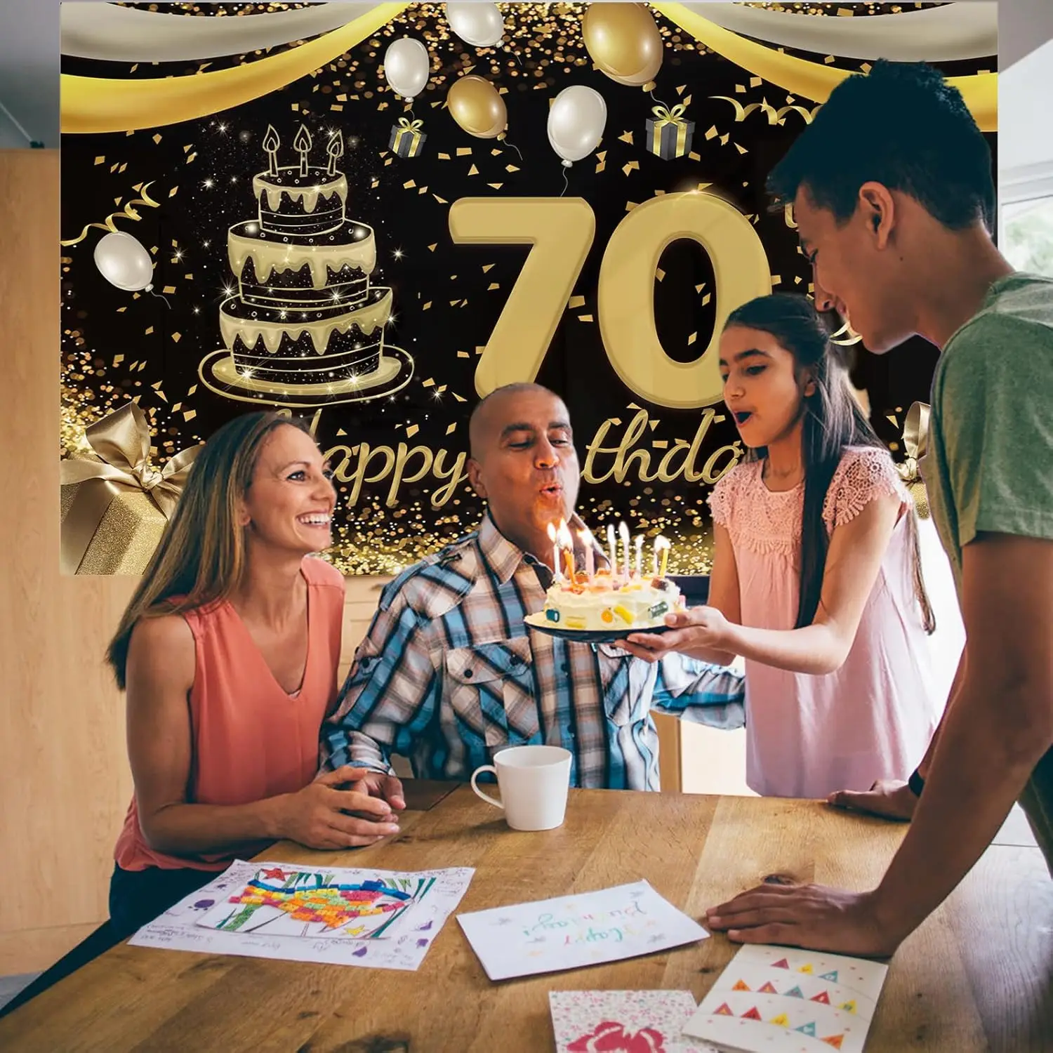 لافتة عيد ميلاد سعيد، لافتة زينة عيد الميلاد الذهبية السوداء السبعين مناسبة للرجال والنساء في أي خلفية للاحتفال بعيد الميلاد #4