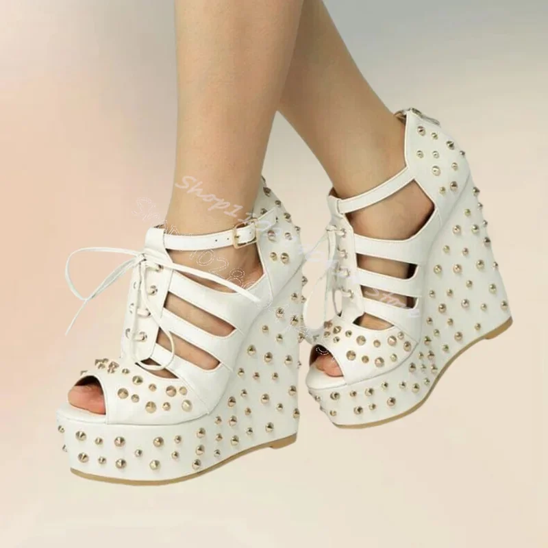 

Gold Rivets White Hollow Design Strappy Platform Sandals Back Zipper Women Shoes Wedges Heel Peep Toe 2024 Zapatos Para Mujere
