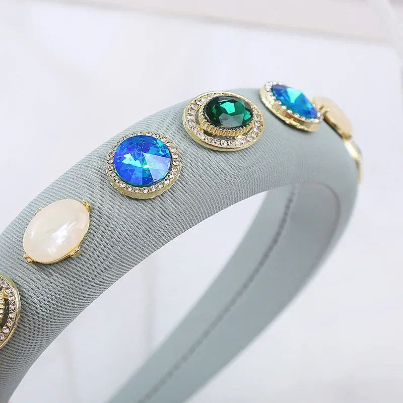 Pastel Blue Padded Hairband Aurora Crystal Jewel Headband Round Opal Stone Hair Hoop Statement Wedding Prom Headpiece view 4