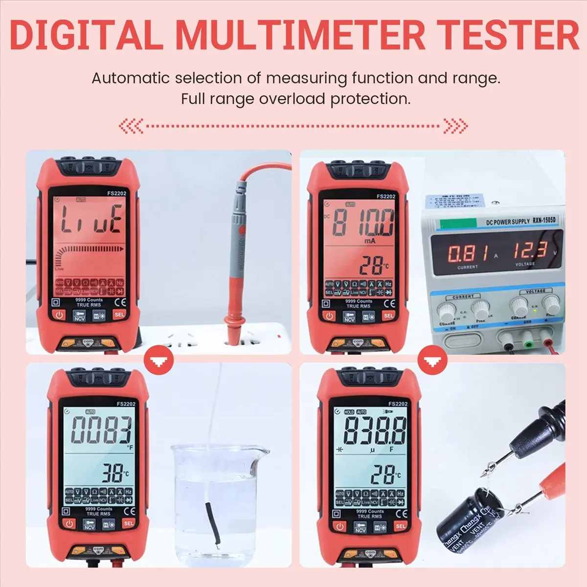 A013 Digital Multimeter, 9999 Counts TRMS Auto-Ranging Voltmeter, Accurately Measures Amp Ohm Voltage Meter