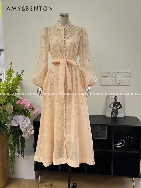 British Fashion Light Luxury Nail Diamond Single-breasted Long Sleeve Slim Dress for Women Gentle Socialite Evening Dresses