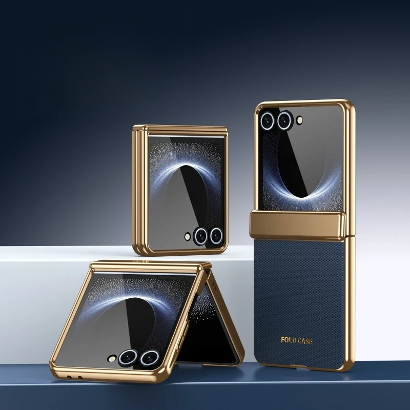 Vollständige Schutzhülle mit Scharnierschutz für Samsung Galaxy Z Flip 8 7 6 5 4 3, Leder, galvanisierte Hartschale mit Displayschutzfolie