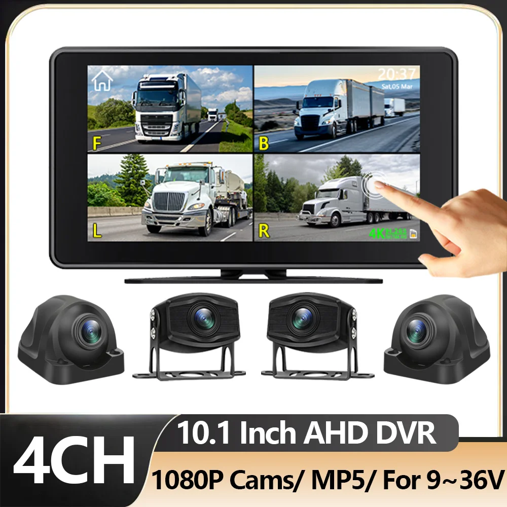 10,1 pouces 4 canaux écran tactile véhicule DVR AHD 1080P caméra vision nocturne IP68 Kit de système de surveillance étanche enregistreur de stationnement inversé pour camion/camping-car/bus/remorque