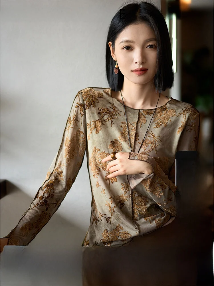 

Элегантная женская блузка с длинным рукавом из флокированного бархата и сетки в старинном стиле, базовый слой, дышащая, комфортная, из полиэстеровой ткани