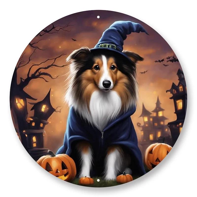 1pc 8x8inch Aluminum Metal Sign Halloween Collie Wreath Sign, Metal Collie Sign, Collie Dog Sign, Wreath Attachment Sign, 2D Fla