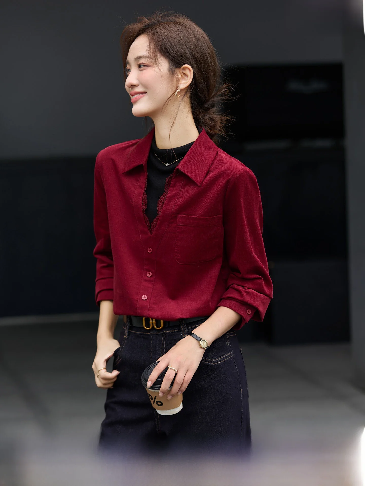 

French Sle High Collar Long Sve Lace Trim Color Blo irt Women's Autumn Winter New Faion Fake Two-Piece Cotton Blouse