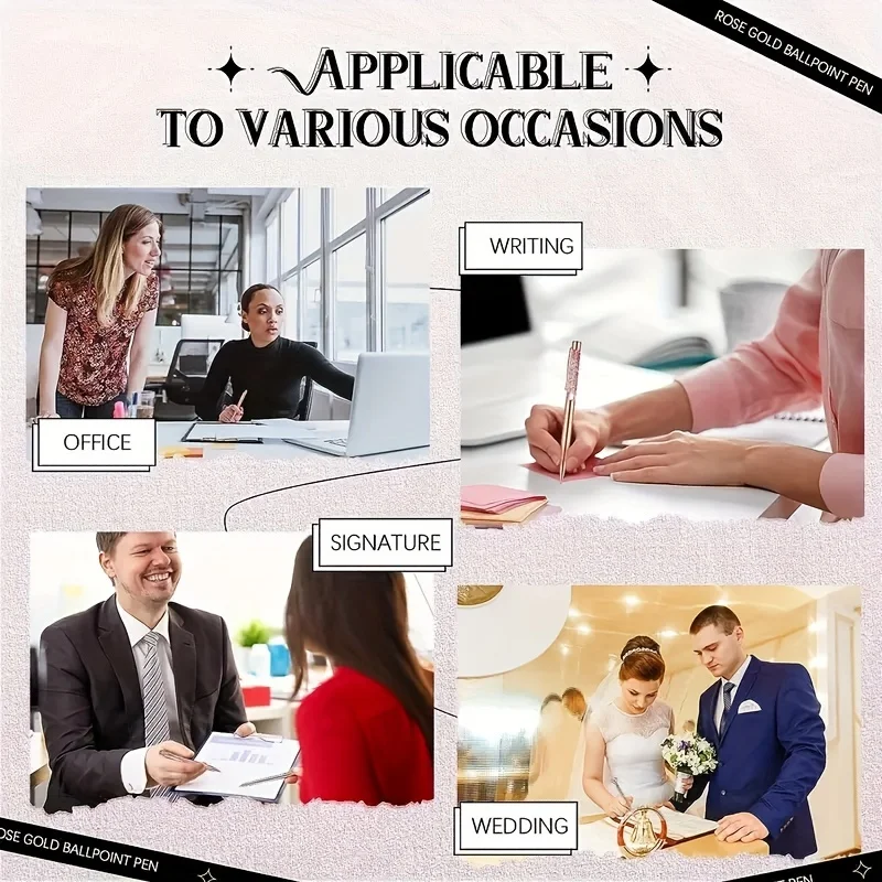 مجموعة أقلام حبر جاف ذهبية وردية مكونة من 8 قطع - أقلام معدنية أنيقة مع لمسات كريستالية - مثالية للطلاب والمكتب والهدايا وحفلات الزفاف