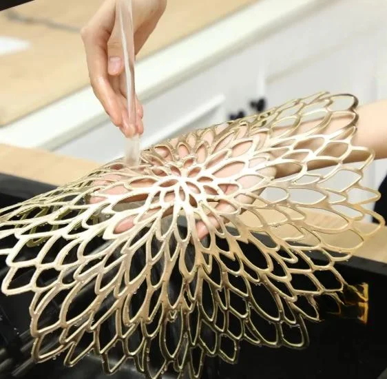 Modern For Dining Placemat PVC Gold 38x38x1cm Heat Resistant Non Slip with Minimalist Hibiscus Openwork Design