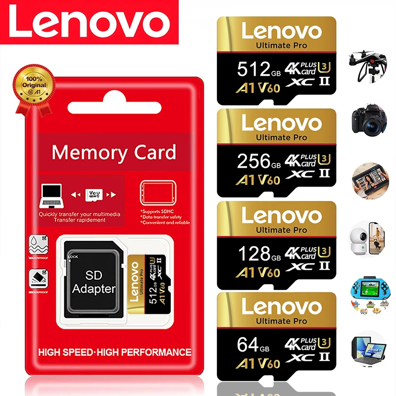 Lenovo X-Ray Proof TF Cards SD Cards 512GB Micro TF SD Memory Card 128GB Backup Ready 64GB for Surveillance / Smart TV / Tablet