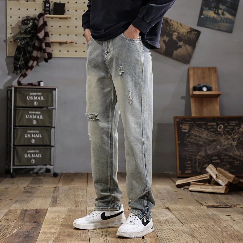 Plus Size 6XL 7XL Men's Clothing Straight Ripped Jeans Fashion Zipper Design Denim Pants Vintage Solid Color Male Trousers