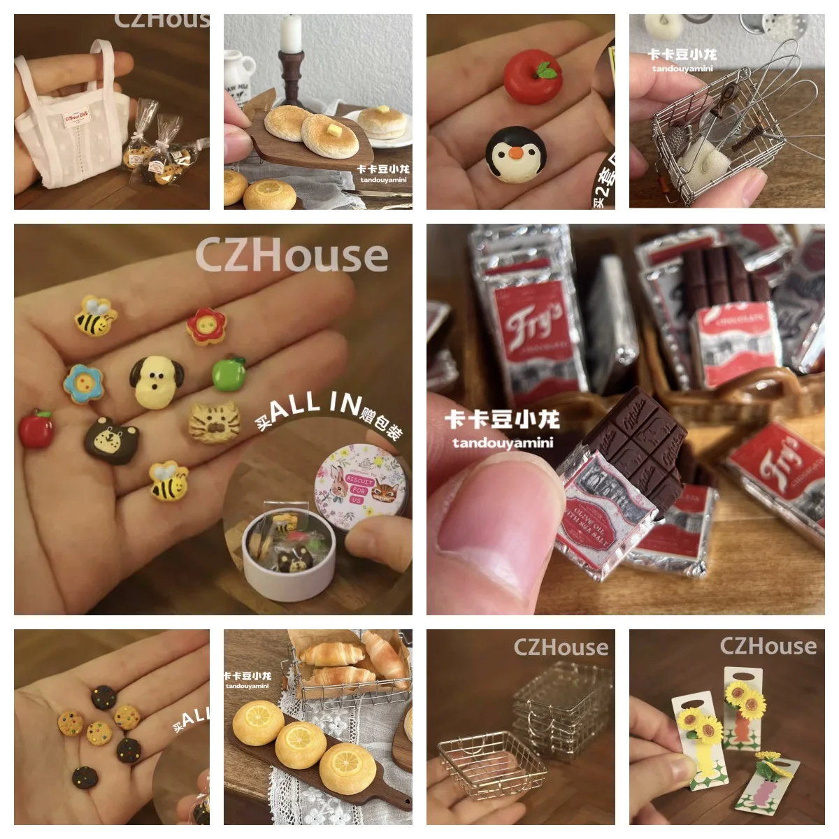

Miniature Food & Bakery Set: Sunflower Bundle, Mini Tote Bag, Metal Kitchen Tools & Animal Cookies for 1:6 BJD Dollhouse Display