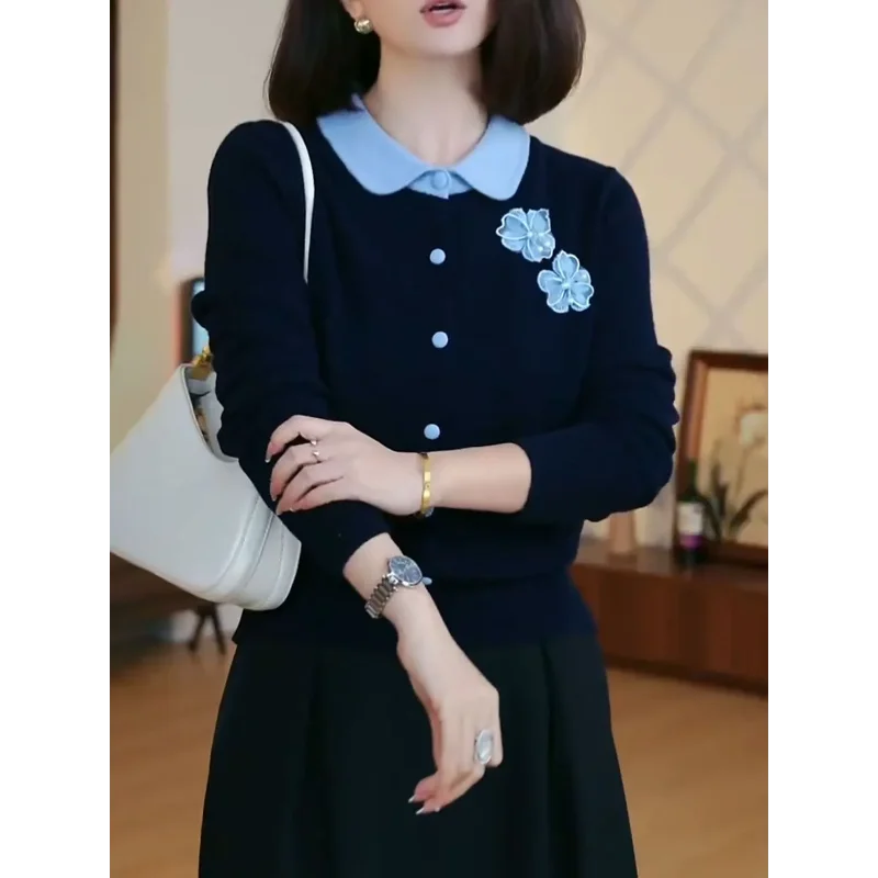 가짜 투피스 라펠 긴팔 스웨터 신상 고급 플로럴 탑