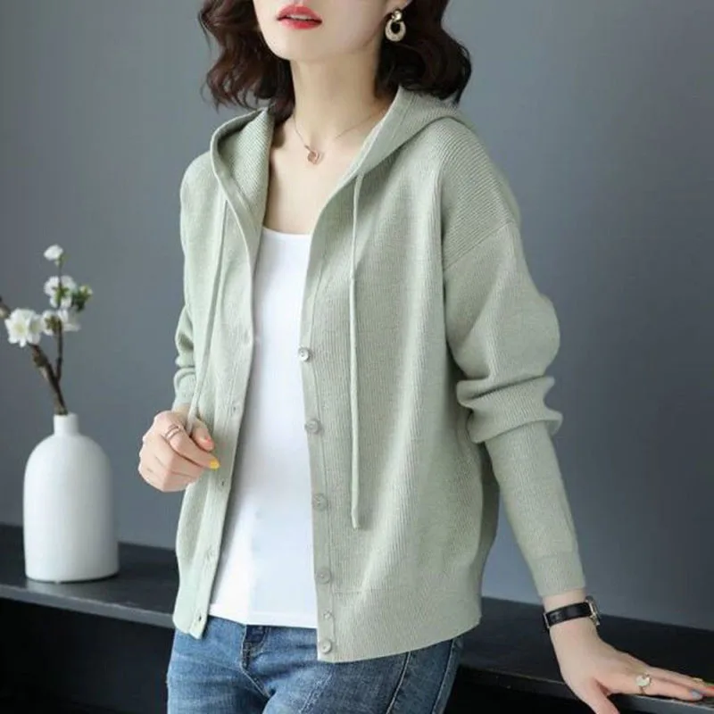 Casual Fashion Hooded All-match Knitted Cardigan Sweaters Women\'s Clothing 2022 Autumn New Solid Color Button Loose Korean Tops