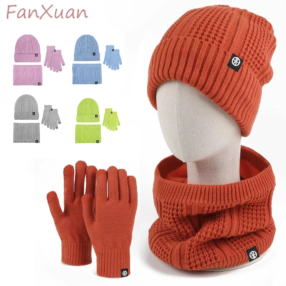 

Wool Knit Winter Hats Scarf Gloves Set for Women Simple Cute Slid Color Thick Warm Plush Beanies Bonnets Snood Set Female