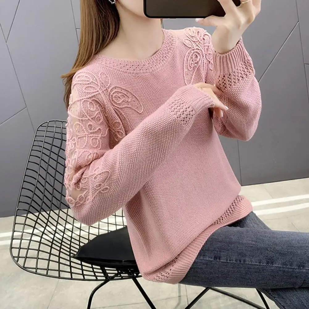 Popular Casual Sweater Sequins Decor Loose Fit Lady Lace Stitching Knitting Sweater  Skin-Touch Pullover Sweater Daily Clothing