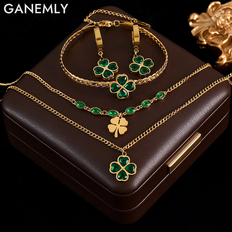 GANEMLY 316L Stainless Steel Green Crystal Clover Necklace Earrings Bracelet Set For Women Fashion Waterproof Jewelry Set Bijoux