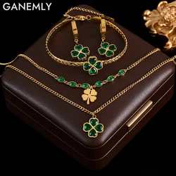 GANEMLY 316L Stainless Steel Green Crystal Clover Necklace Earrings Bracelet Set For Women Fashion Waterproof Jewelry Set Bijoux