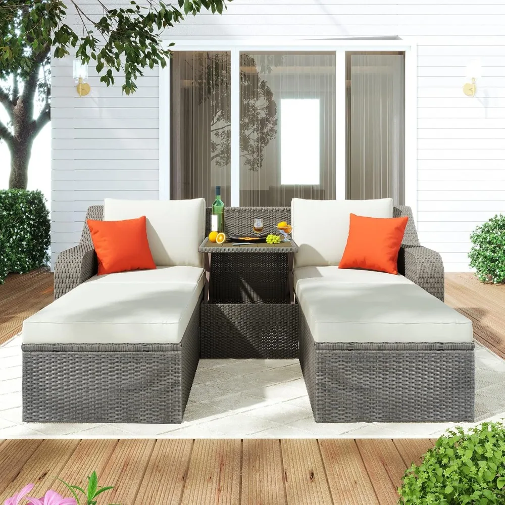 

3-piece set of patio furniture, outdoor wicker dialogue sofa with cushions, pillows, ottoman and lifted coffee table