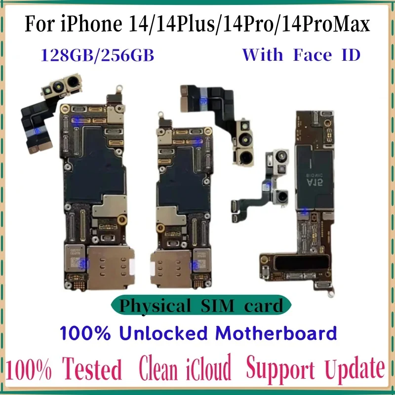Placa base probada para iPhone 14 Pro Max, placa base iCloud limpia y libre desbloqueada para iphone 14 plus con piezas de identificación facial, placa lógica