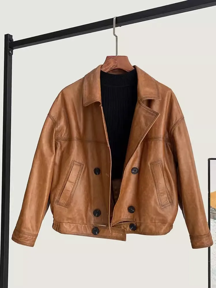 Spring New Women Double Breasted Genuine Leather Jacket Lapel Collar Loose Fit Real Sheepskin Coat Casual Motorcycle Outerwear