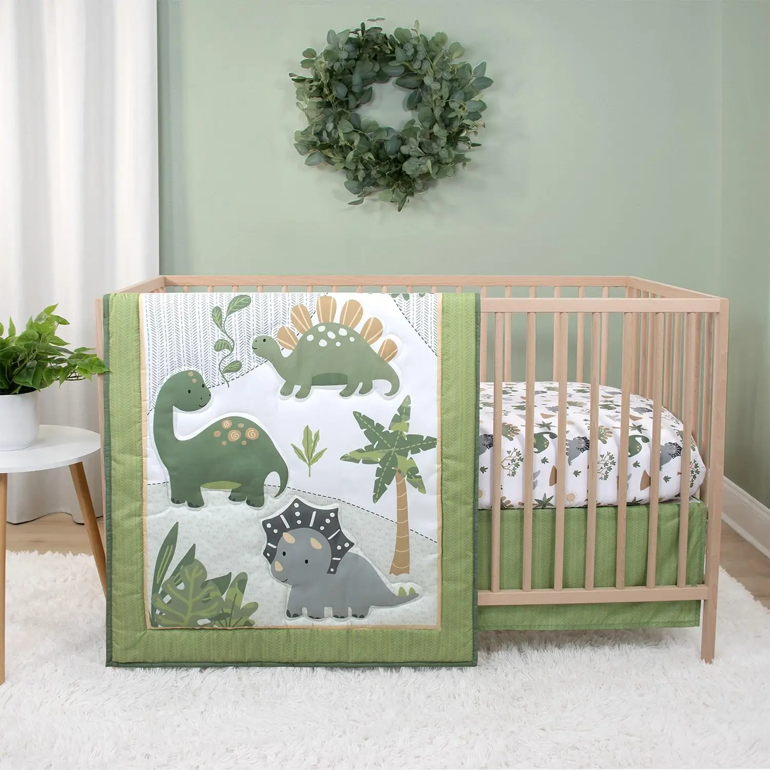 

3-Piece Dinosaur Nursery Bedding Set for Boys - Crib Sheet, Quilt & Skirt in Camo Green