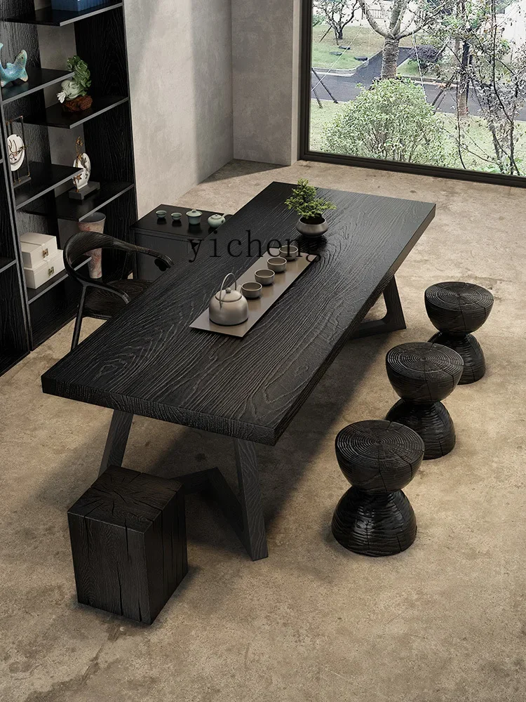 XL Solid Wood Carbon Black Table-Chair Set Large Board Tea Table Log Conference Table