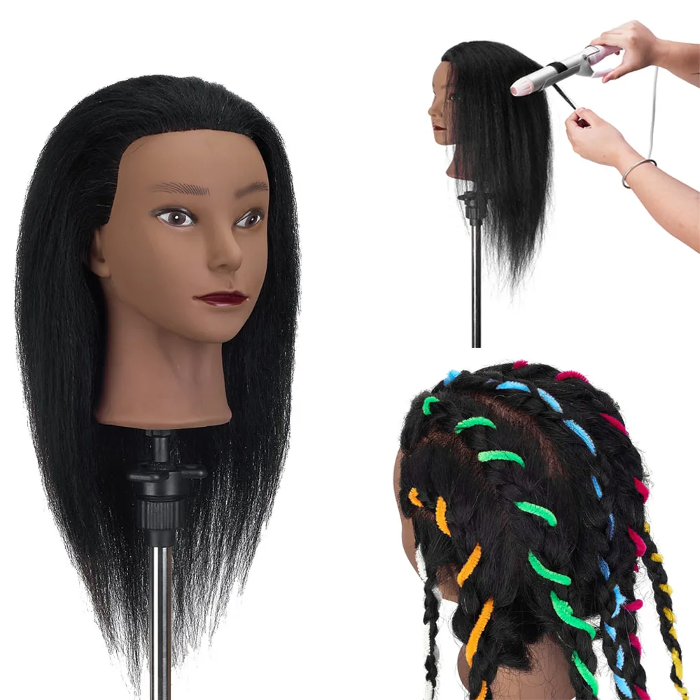 Afro Mannequin Heads with 100% Real Hair and Adjustable Stand for Braiding Hair Training Doll Head for Wig Tete A Coiffer