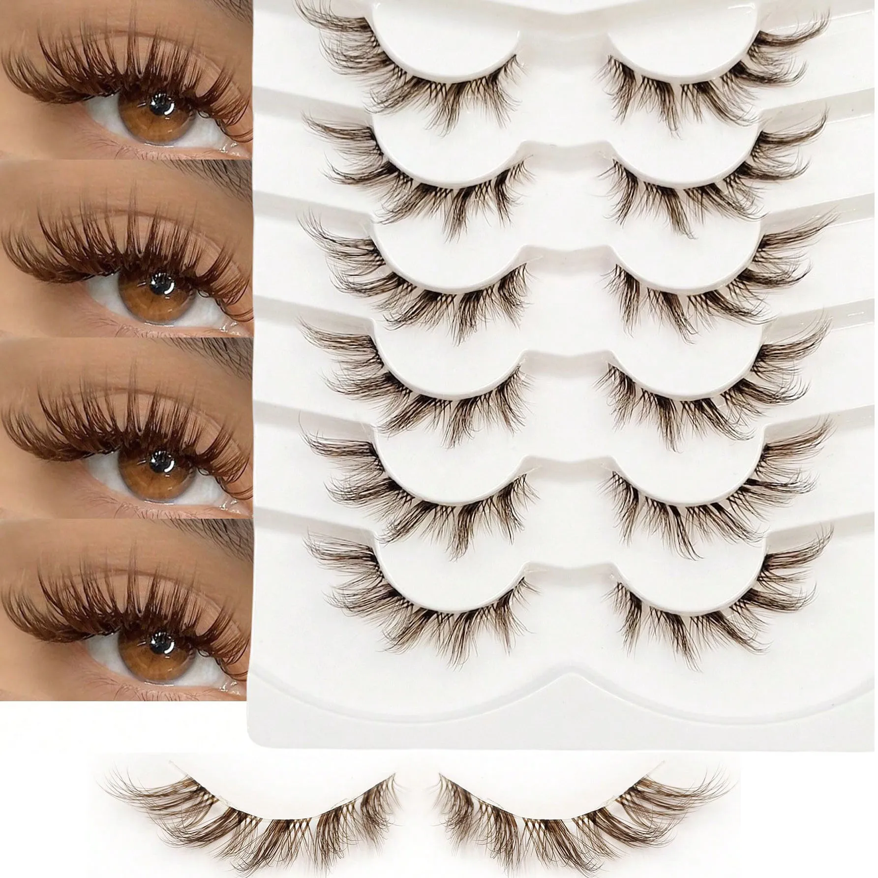Neue 6-Paar flauschige braune Wimpern, falsche Wimpern, transparenter Stiel, unsichtbares Band, Wimpern, überkreuzte Locken, Fuchs