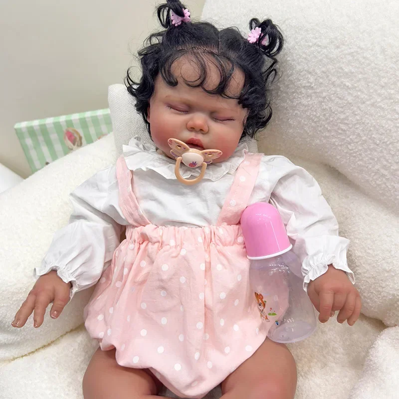 60cm Pickle Dark Skin Sleeping in Soft Cloth Body Lifelike Reborn Toddler Hand Rooted Hiar Cuddly Baby Girl Doll Baby