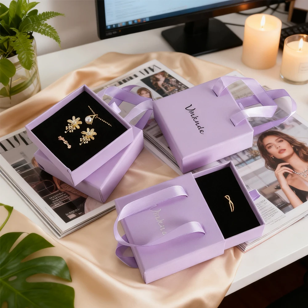 

Handheld Jewelry Box Custom Logo Purple Paper Pull-Out Drawer Jewelry Case Travel Portable Ring Earrings Necklace Gifts Package