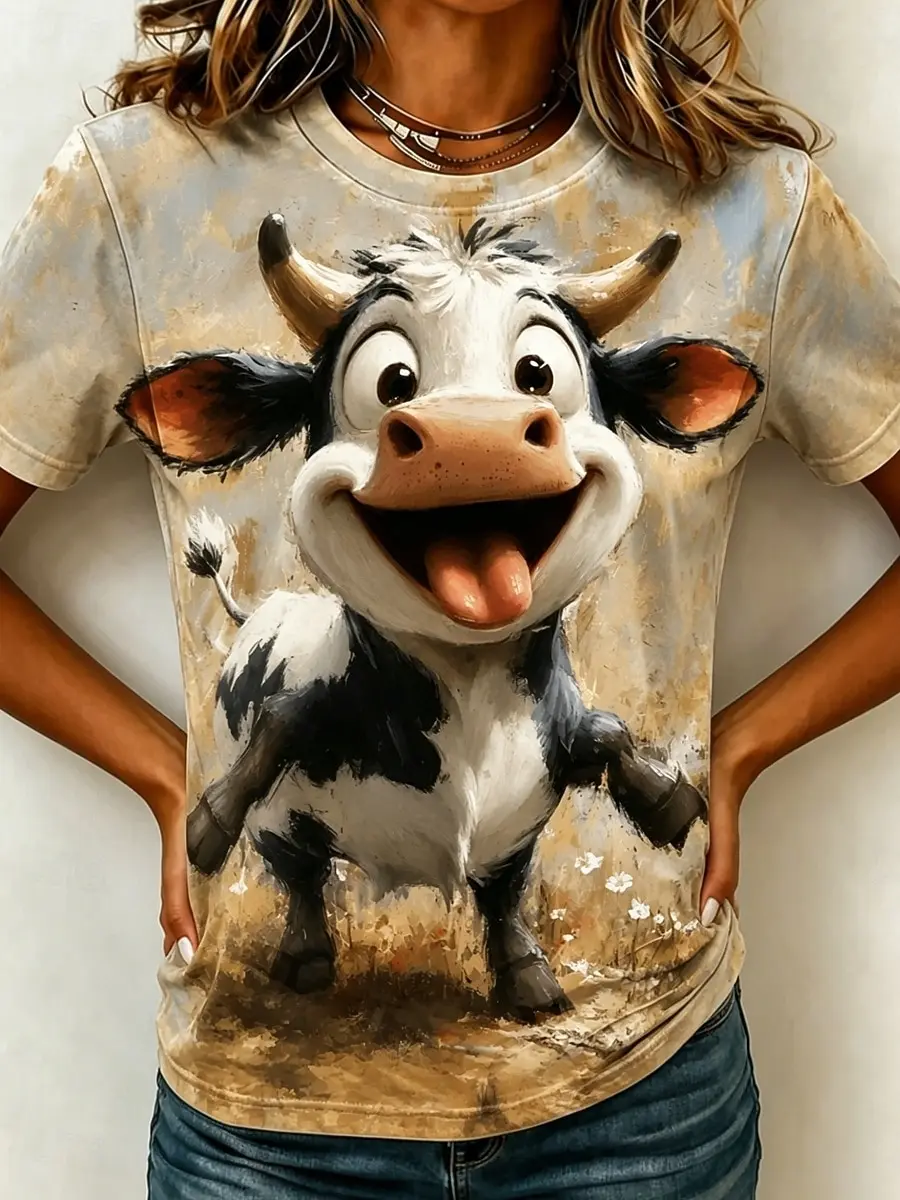 Women's Spring Summer 3D Printed Crew Neck Tee, Vintage Beige Base Laughing Cow Realistic Oil Painting Animal Print Casual Top