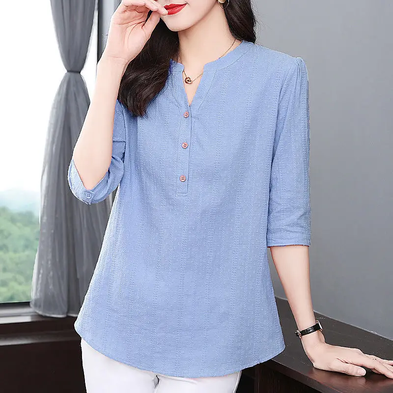 Clothes for Women 2024 Spring Summer Fashion V Neck Solid Blouse Elegant Short Sleeve Loose Shirt Casual Cotton Tunic Tops Blusa