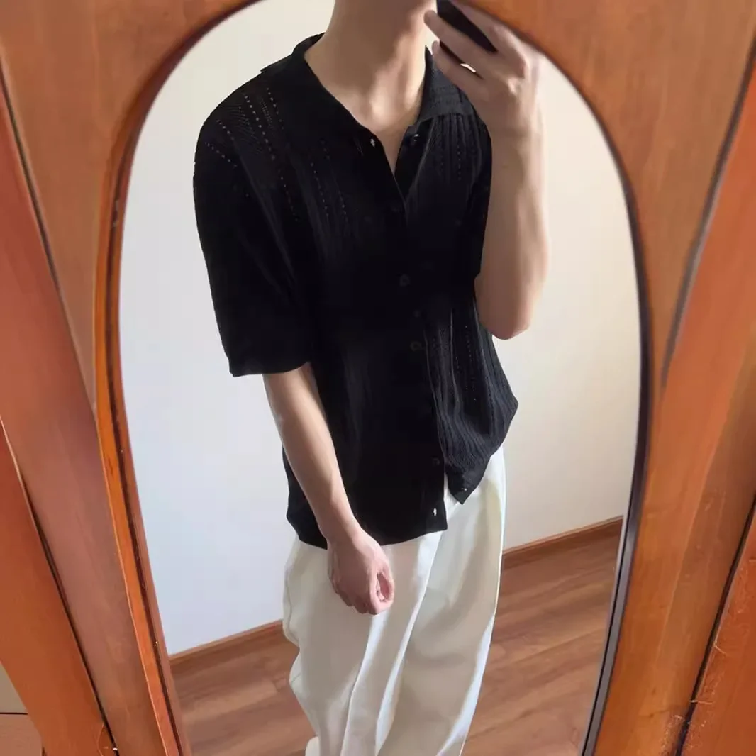 Hollow Retro POLO Lapel Short-sleeved Knitted Sweater Men's Summer New Solid Color Thin Cardigan Tide