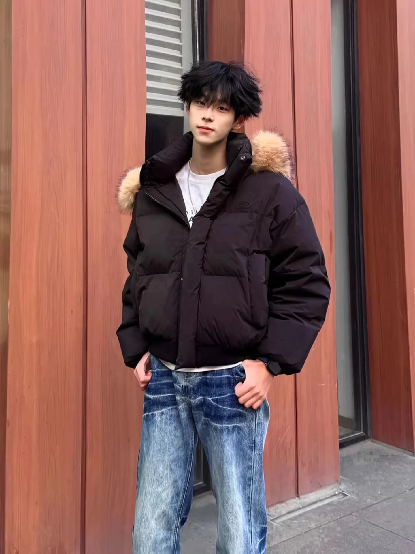 

Bla Hooded down Cotton Jaet Men's Winter Thiened ort Sle High Sensation Boxy Trendy Cotton Coat Outerwear