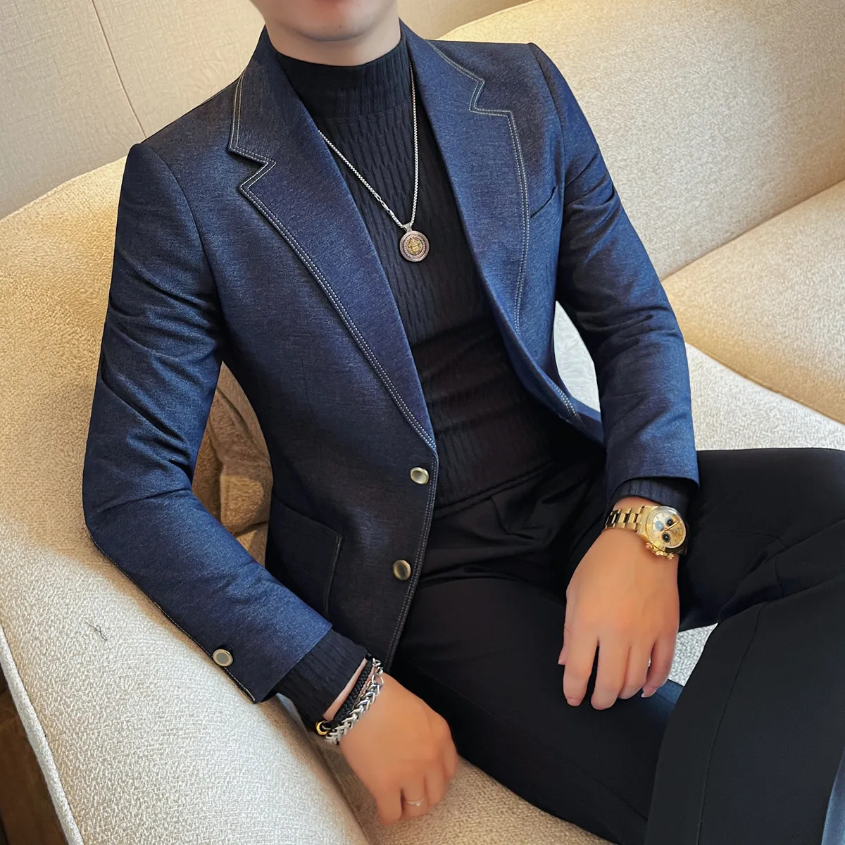 

Denim Blazer Jacket Men Business Casual Single Breasted Men's Jeans Blazers Long Sleeve Slim Fit Suit Coats Man Clothing 2025