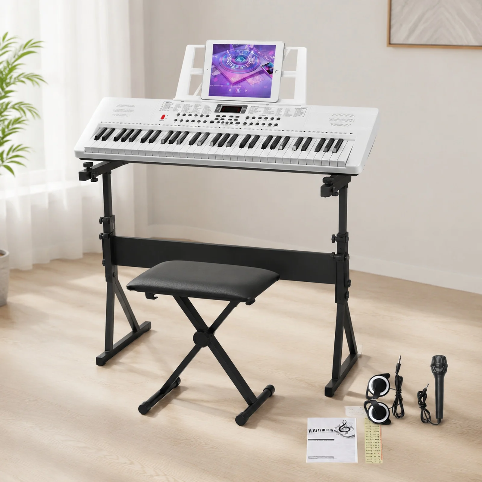[Do Not Sell on Amazon]GEP-110 61 Key Lighting Keyboard with Piano Stand, Piano Bench, Built In Speakers, Headphone, Microphone,