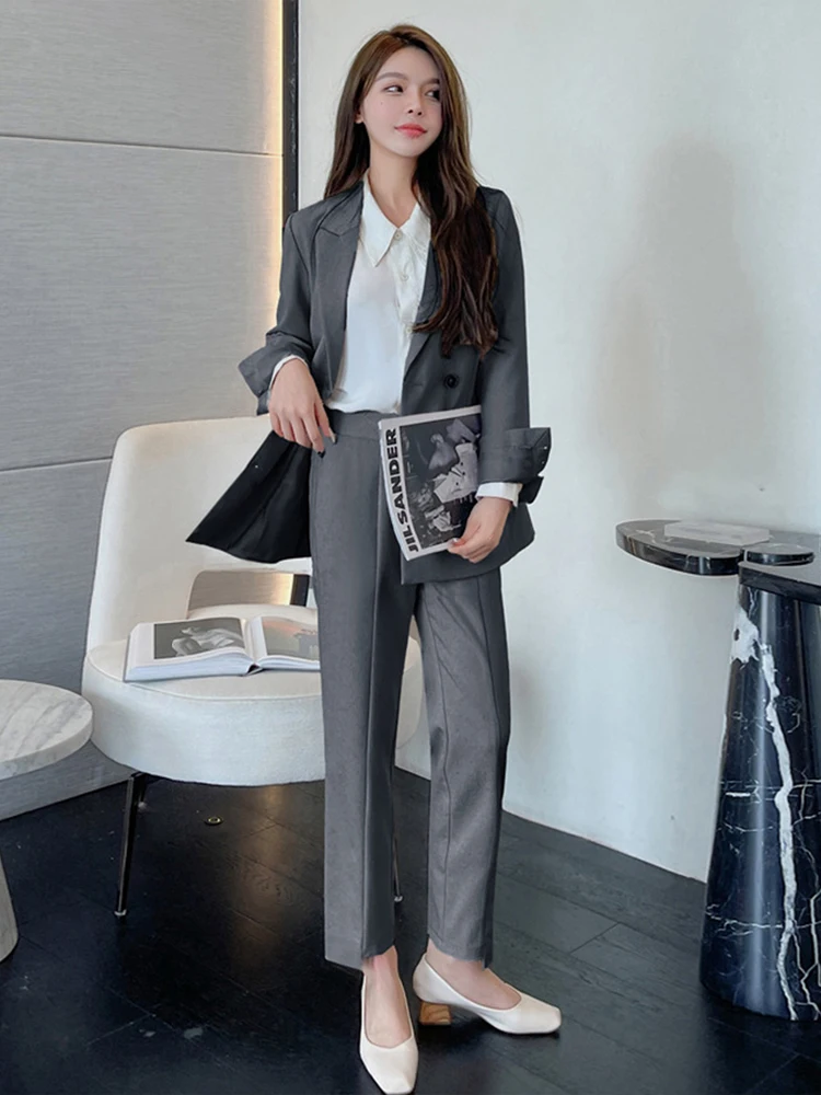 Fashion Spring Autumn Formal 2 Piece Outfit Suits Women Ladies Clothes Commute Casual Solid Tops Coat Blazer Suit Long Pants Set