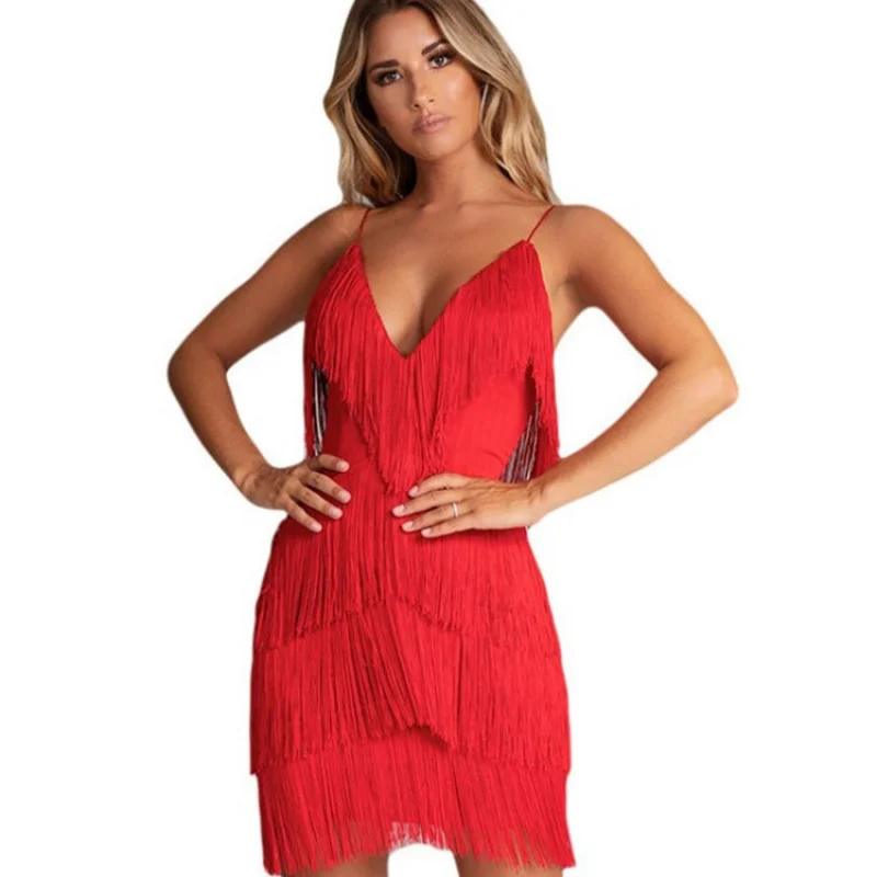 Women's Sexy Backless Deep V Neck Fringe Tassel Bodycon Evening Dress Cocktail Party Gown