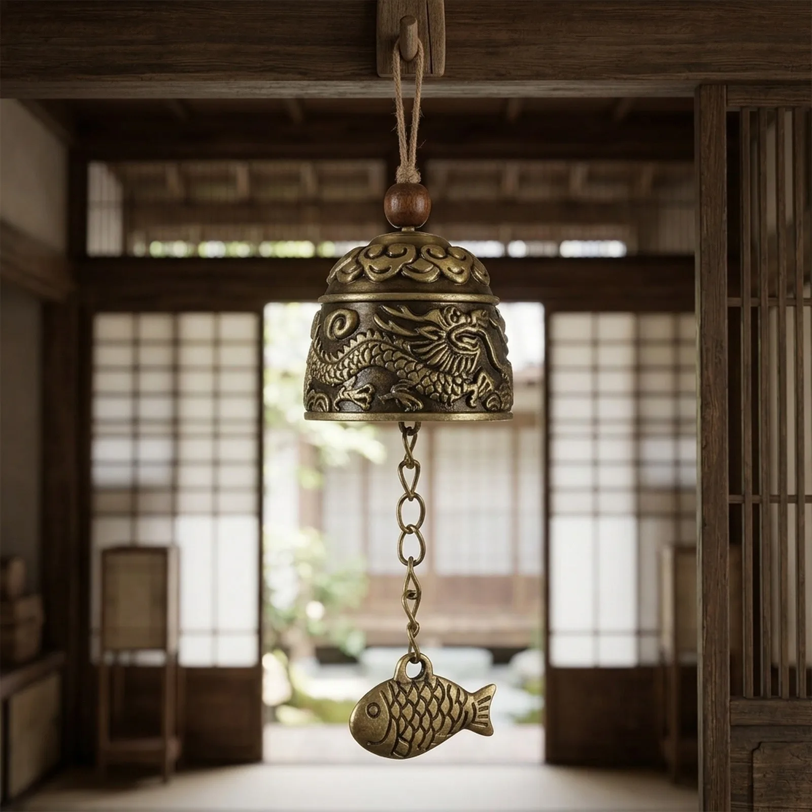 Chinese Dragon Fish Pattern Wind Chime Metal Bell For Room Door Hanging Decor Auspicious Blessing Good Luck Fortune Ornament