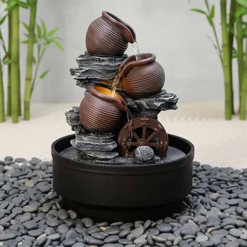 Dropshipping resin Chinese laminated tank fountain stone pattern hand-painted stone water wheel desktop ornament