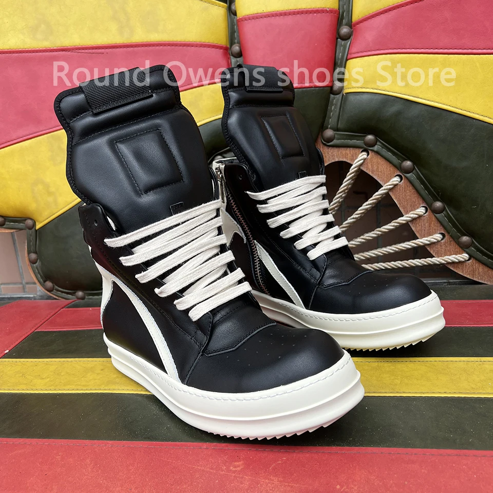 

Black Leather Brand Men Casual Shoes Ro High Top Designer Classic Women Sneakers Street Trainers Platform Flat Zipper Ankle Boot