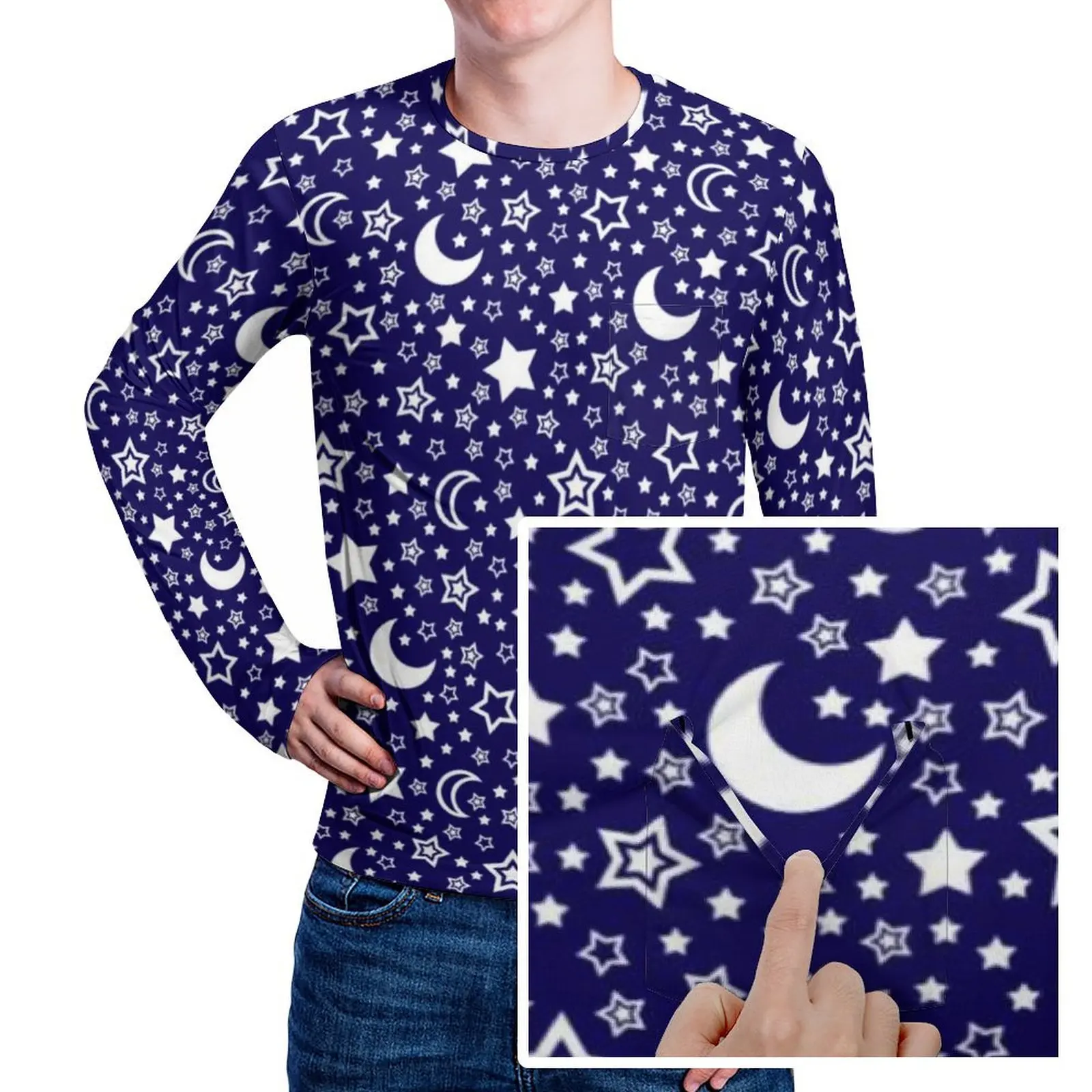 Moon And Stars T Shirt With Pocket Cartoon Night Sky Harajuku T Shirts Man Essential Tshirt Long Sleeve Design Tees Plus Size