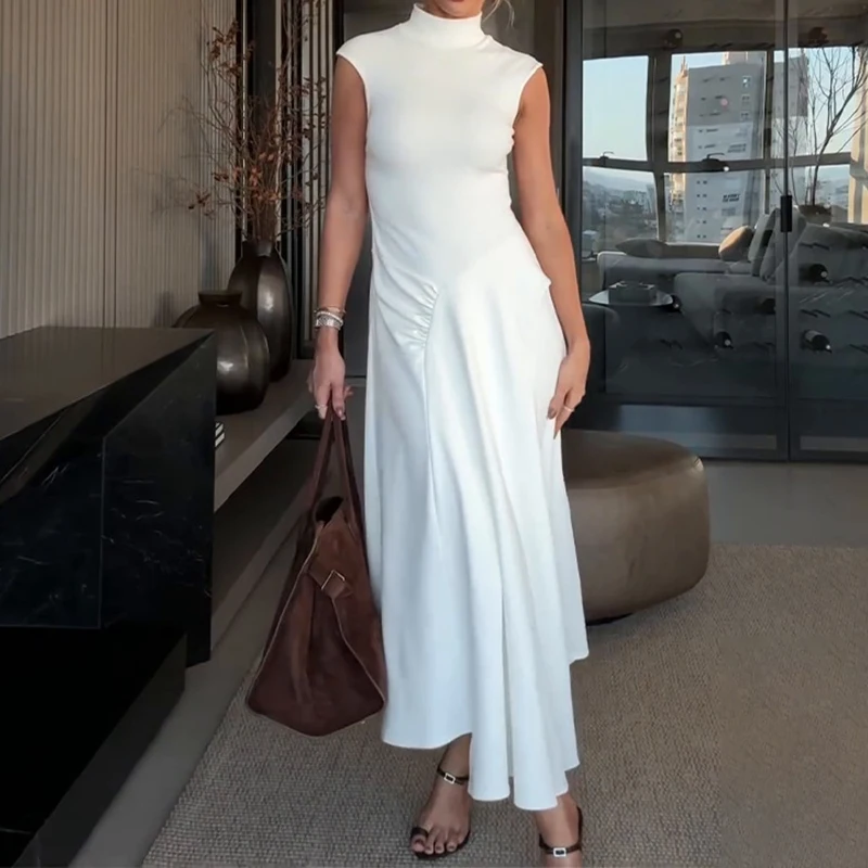 エレガントなハーフハイネックノースリーブロングドレスファッションドレープソリッドカラー気質ドレス女性カジュアルスリムスイングパーティードレス